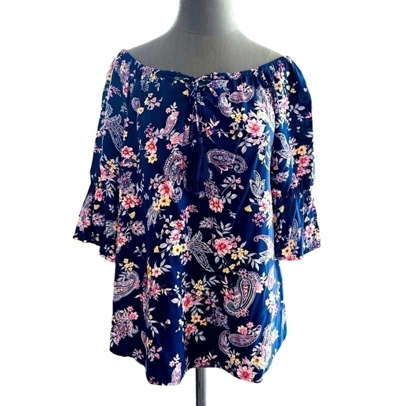 NWOT Bailey & Chloe Floral Tassel Scoop Neck Bell Flare Long Sleeve Blouse Top - Picture 2 of 5